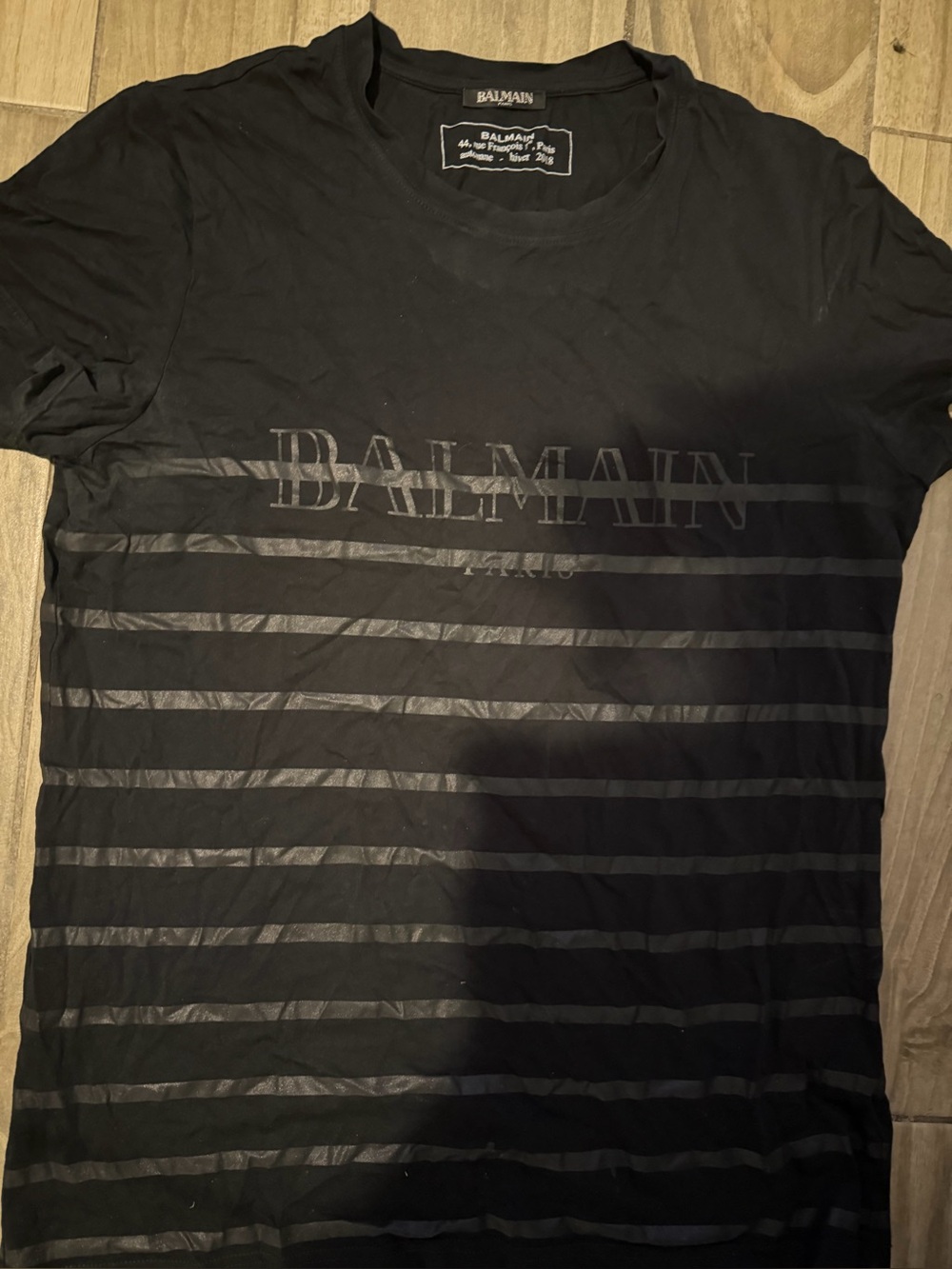 Balmain Black Tonal Striped Logo Short Sleeve Tee (2018)